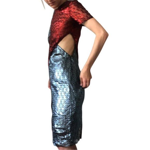 Marco De Vincenzo *CUSTOM DESIGNER* RUNWAY Red Blue Metallic Midi Cocktail Dress - Picture 7 of 16